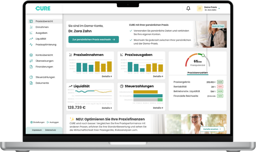 Gesamtes CURE Finanzdesk auf dem Desktop